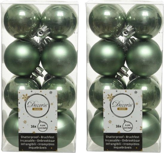 32x Salie groene kunststof kerstballen 4 cm - Mat/glans - Onbreekbare plastic kerstballen - Kerstboomversiering salie groen