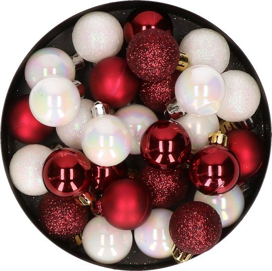 Decoris Mini kerstballen - 28x - parelmoer wit en rood - D3 cm - kunststof - onbreekbaar - kerstversiering