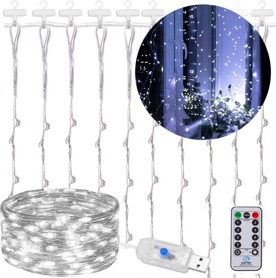 Springos Lichtgordijn - USB & Afstandsbediening - 200 LED - Koel Wit