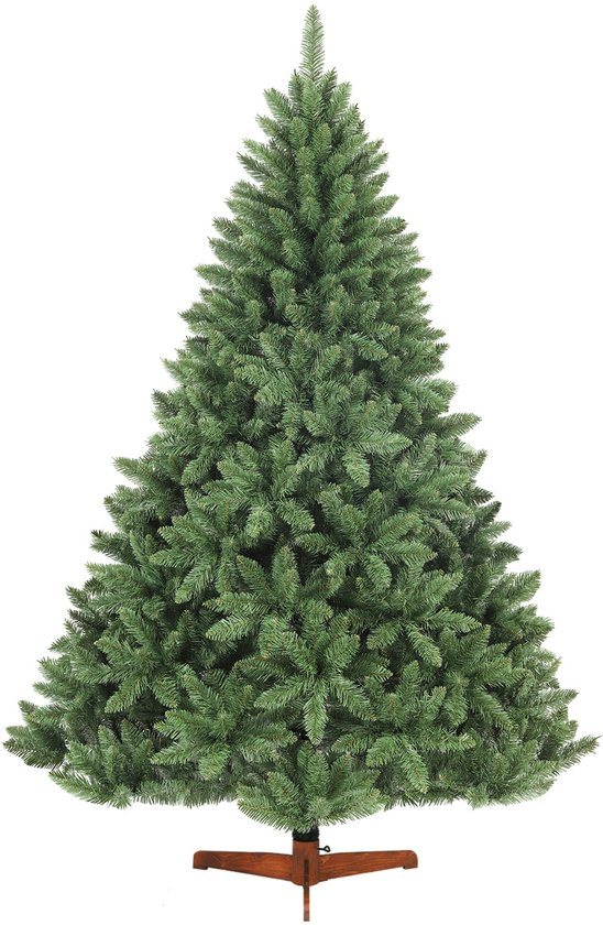 SALCAR Kunstkerstboom 210 cm - met Realistische PVC Naalden - Natuurlijke Houten Standaard - Eenvoudig op te Stellen met Klappensysteem - Grotere Diameter van 148 cm