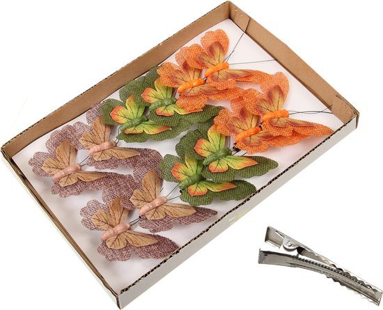 Othmar Decorations kerstboom decoratie vlinders op clip - 12x - gekleurd -9 cm