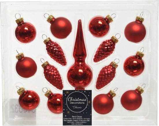 Decoris Mini kerstballen - 3 cm - met piek - 15 - rood - glas - kerstversiering