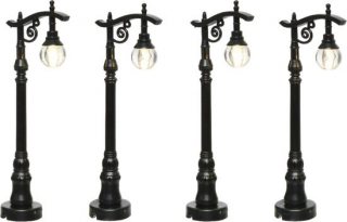 Lumineo Kerstdorp straatlantaarns - 4x - met verlichting - 10 cm - lantaarnpalen - Kerstdorp onderdelen - miniatuur lantaarns
