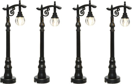 Lumineo Kerstdorp straatlantaarns - 4x - met verlichting - 10 cm - lantaarnpalen - Kerstdorp onderdelen - miniatuur lantaarns