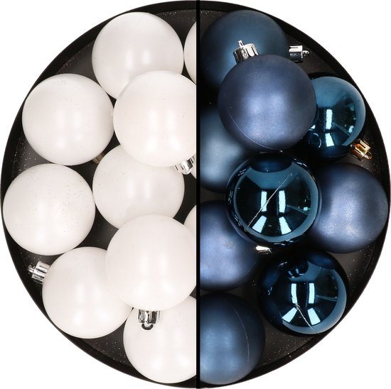 24x stuks kunststof kerstballen mix van wit en donkerblauw 6 cm - Kerstversiering