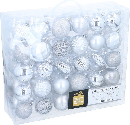 Giftsome Zilveren Kerstballen Set - 60 Kunststof Kerstballen - Incl. Zilveren Piek - Kerst Decoratie - Ø6/7 cm