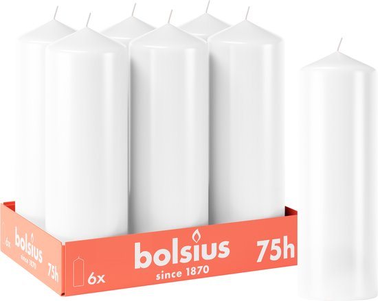 Bolsius - Gladde Stompkaarsen - 6 stuks - Wit - 75 branduren - 20 x 6,8 cm