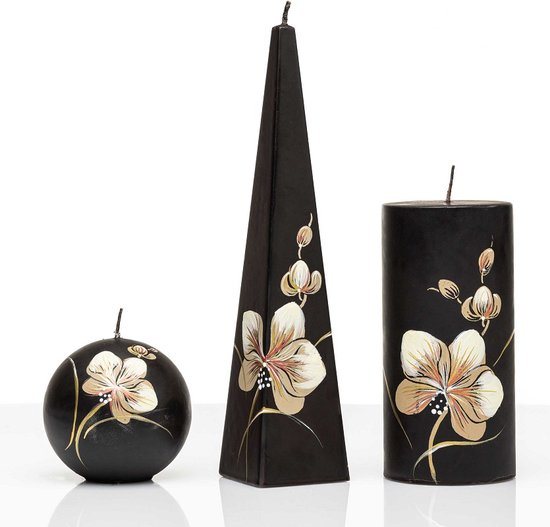 Kaarsen Set Handgeschilderd - Bloemen- creme/bruin