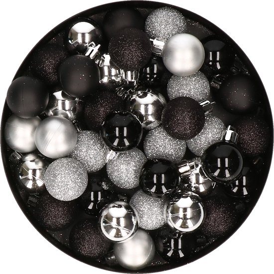 Kerstballen mix - Set van 40x stuks - kunststof - zwart en zilver - Dia 3 cm - Kerstversiering - kleine balletjes voor mini boompjes