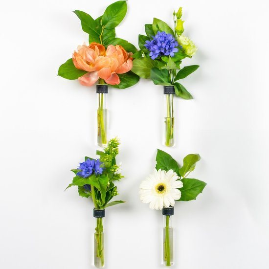 TWILG - Magnetische Muurvaasjes - 4 Stuks - Stek vaasjes - Glas - Zwart leer - Stekjes - Moederdag - Moderne vaas - Stekstation - Wandvaas - Droogbloemen - Reageerbuisjes