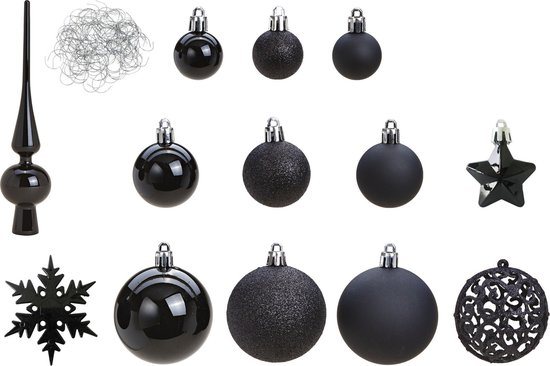 Kerstballen - 110x stuks - met piek - zwart - kunststof - 3-6 cm