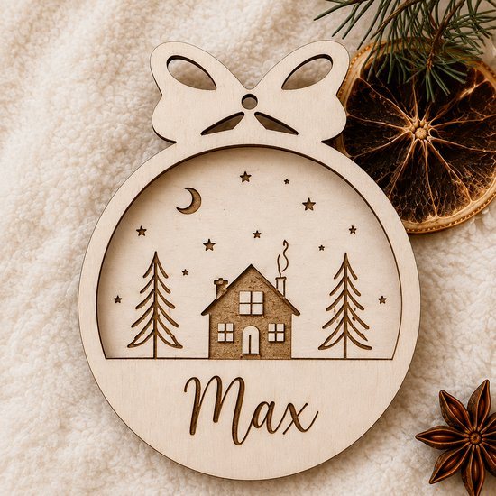Set van 2 Gepersonaliseerde Houten Kersthangers met Naam – Kerstballen met Huisje, Bomen & Sterren – 5 mm Natuurlijk Hout – Lasergravure – 2 Verschillende Namen – Boho & Scandinavische Kerstdecoratie – Persoonlijk Kerstcadeau