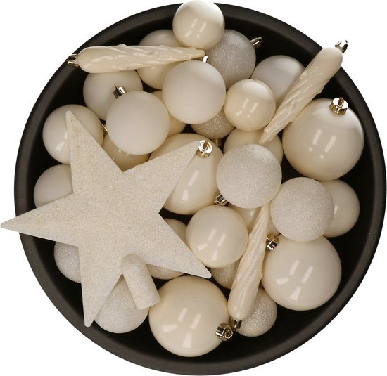 Decoris kerstballen mix - 33 Stuks -  Wolwit - Inclusief piek - ø 6 cm