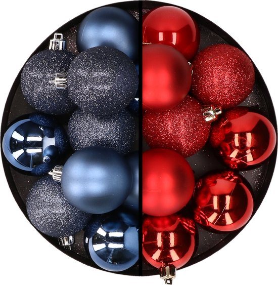 24x stuks kunststof kerstballen mix van donkerblauw en rood 6 cm - Kerstversiering