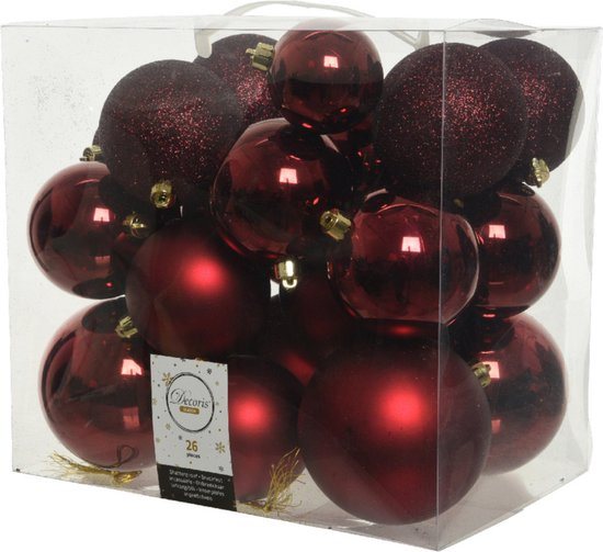 Decoris Kerstballen - 26x st - donkerrood - 6-8-10 cm - kunststof - kerstversiering