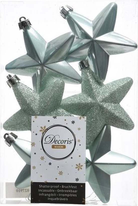 6x Mintgroene sterren kerstballen 7 cm - Glans/mat/glitter - Onbreekbare plastic kerstballen - Kerstboomversiering mintgroen