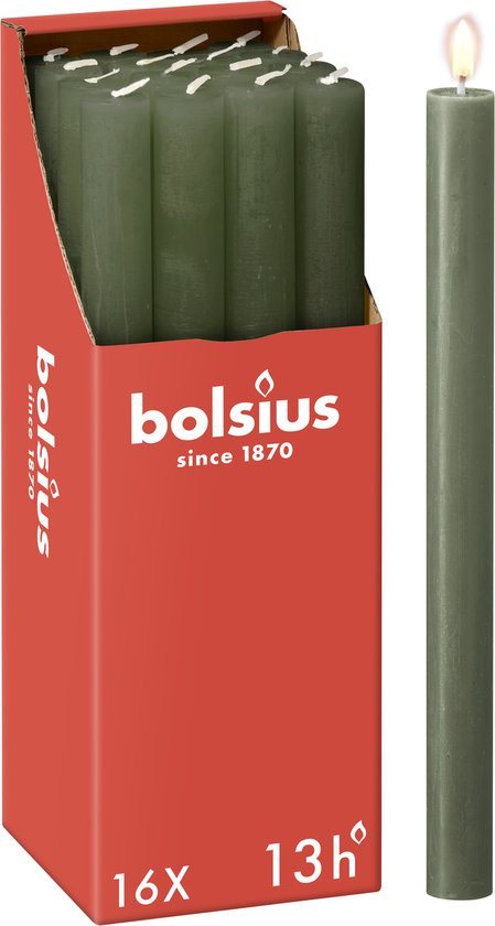 Bolsius - 16 Dinerkaarsen Rustiek - Groen - 13 branduren