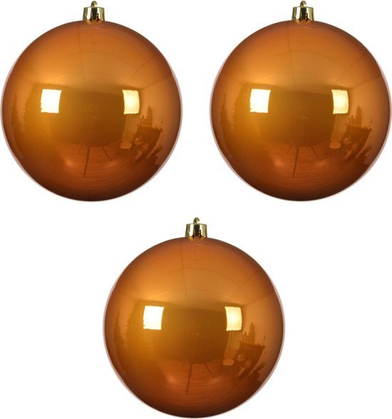 3x stuks kunststof kerstballen cognac bruin (amber) - 14 cm - glans - Onbreekbare plastic kerstballen