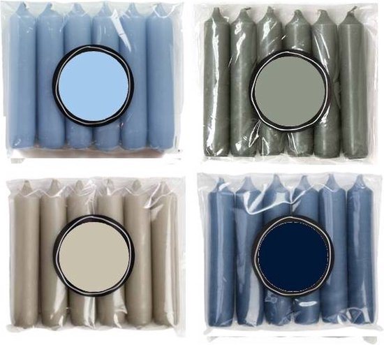 Cactula Korte Dinerkaarsen – 24 Stuks (4x6 stuks) – Ø 2.1 x 12 cm – Luxe Gekleurde Kaarsen – Trendy Blueish Kleurenmix