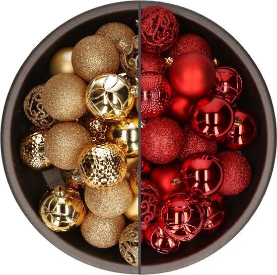 74x stuks kunststof kerstballen mix van goud en rood 6 cm - Kerstversiering