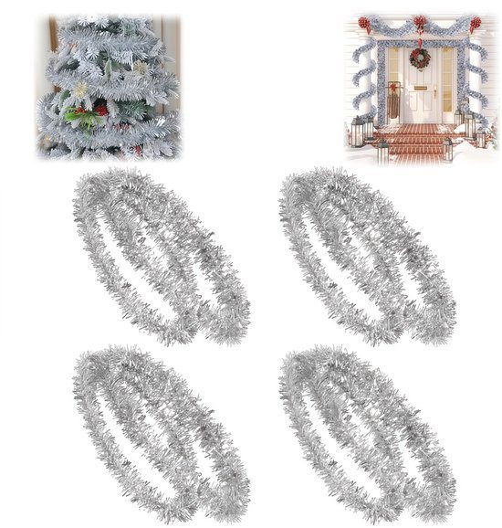 4 stuks - Kerst slingers - Kerstslinger - Guirlande - Kerstversiering - 180 cm kerstwolstroken - kerstboomversiering - slingerstroken - Zilver - 180 cm