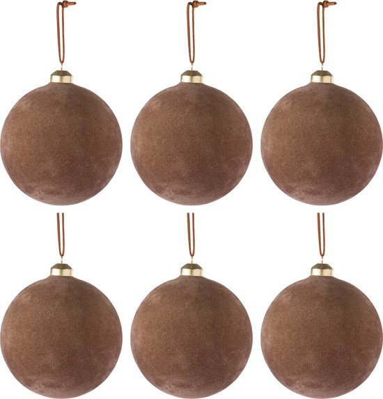 J-Line kerstbal - fluweel/glas - bruin - small - doos van 6