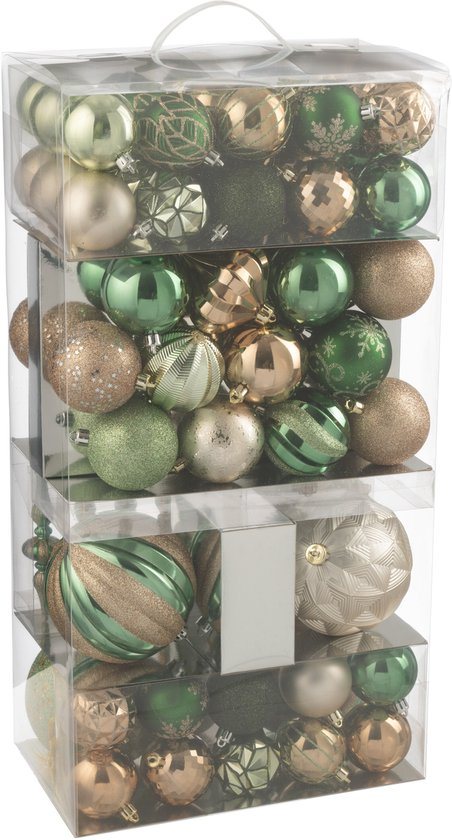 J-Line kerstbal - kunststof - groen/ecru - doos van 80