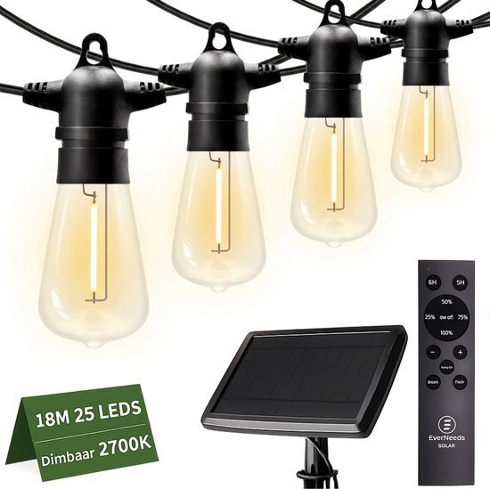 EverNeeds ST38 Solar Lichtsnoer Buiten – Prikkabel 18m (15m verlicht en 3m kabel) – 25 LED – IP65 – Afstandsbediening – Solar Tuinverlichting - Zonneenergie Lichtslinger - Sfeerverlichting Buiten - Warm Wit 2700K - 4 Extra LED’s