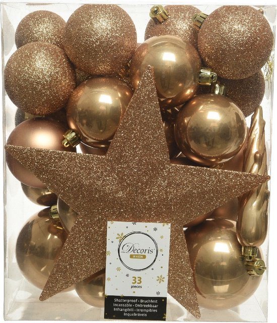 Decoris kerstballen set - 34-dlg - camel bruin - incl. piek - kunststof - kerstversiering