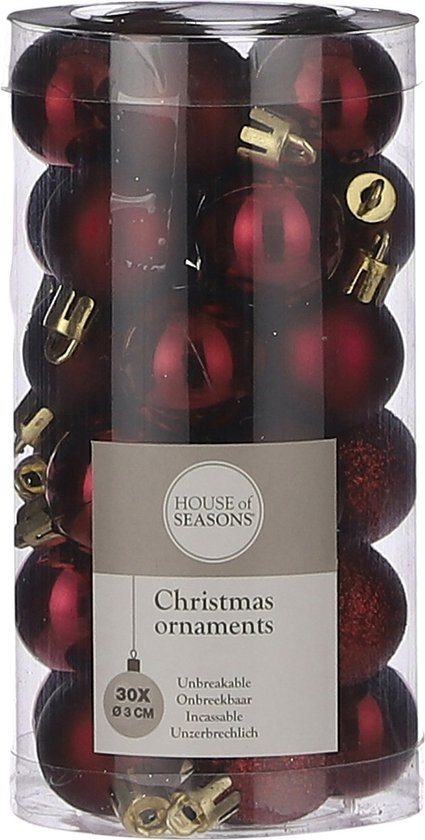 Kleine kunststof kerstballen pakket donkerrood 3 cm - 30x stuks donkerrode mini kerstballen