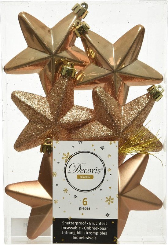 Decoris kersthanger sterren - 6x st - camel bruin - 7 cm - kunststof - kerstornamenten - kerstversiering