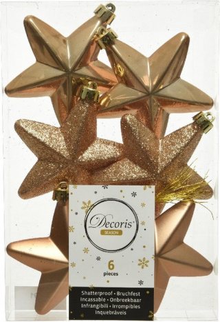 Decoris kersthanger sterren - 6x st - camel bruin - 7 cm - kunststof - kerstornamenten - kerstversiering