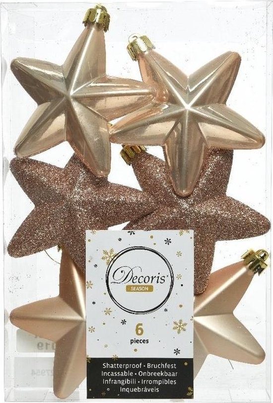 6x Donker parel/champagne sterren kerstballen 7 cm - Glans/mat/glitter - Onbreekbare plastic kerstballen - Kerstboomversiering Donker parel/champagne