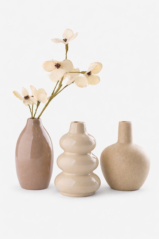 Set van 3 Decoratieve Vazen – Beige & Bruintinten – Steengoed Vaasjes – Moderne Mini Vazen Set – Glanzende Afwerking – Ø6 x H10 cm