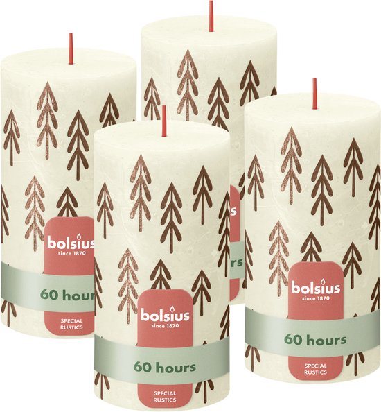 Bolsius - Rustieke kaars - 4 Stuks - Ivoor met print - 13cm - Kerst patroon