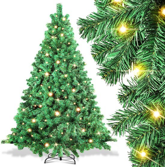 210 cm Kunstkerstboom met verlichting, dennenboom met 400 warm-witte ledlampen, 1200 gemengde takken, kerstboom, kunstboom voor Kerstmis, groen