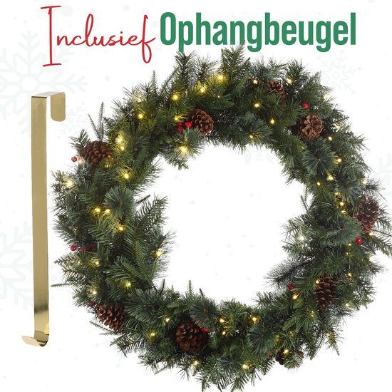 Meisterhome Kerstkrans van 90 cm - Inclusief Ophangbeugel en 70 Warmwitte LED's - Timer - Dennenappels - kerstkrans met verlichting - kerstkransen - kerstversiering
