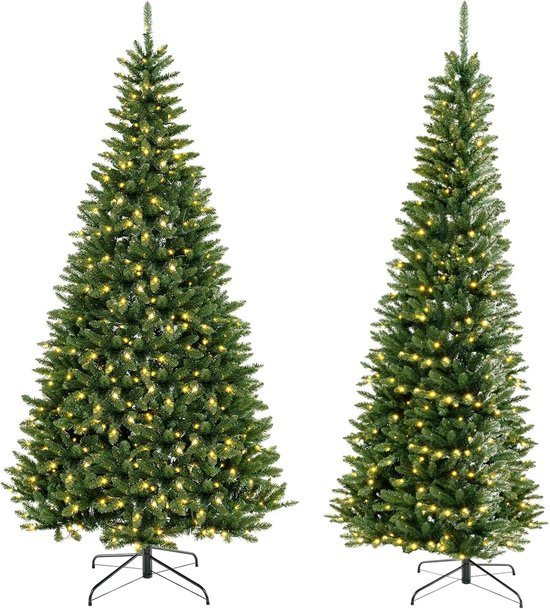 COSTWAY Kunstkerstboom van 240 cm met verlichting voor hoek van 270 graden, dennenboom met 360 warmwitte ledlampen, kerstboom met scharnierstructuur, kunstboom voor thuis
