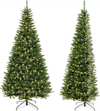 COSTWAY Kunstkerstboom van 240 cm met verlichting voor hoek van 270 graden, dennenboom met 360 warmwitte ledlampen, kerstboom met scharnierstructuur, kunstboom voor thuis