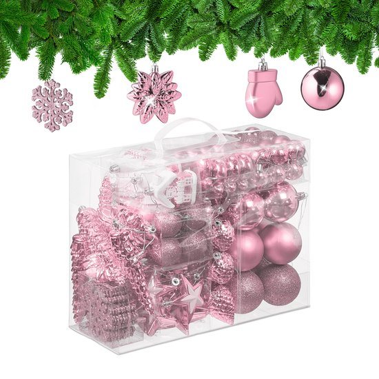kerstballen set van 100 - plastic - mat - glanzend - glitters - 10 designs - roze