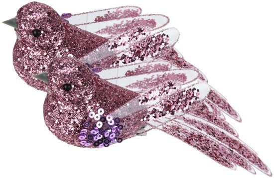 Kerstboomversiering Vogel - 2x stuks - 10 cm - Roze glitter - op clip - ornament