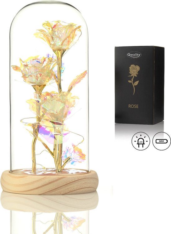 Qwality® Luxe Roos in Glas met LED – Gouden Roos in Glazen Stolp – Moederdag - Cadeau voor vriendin moeder haar - Galaxy Rose 3x met Blaadjes - Lichte Voet