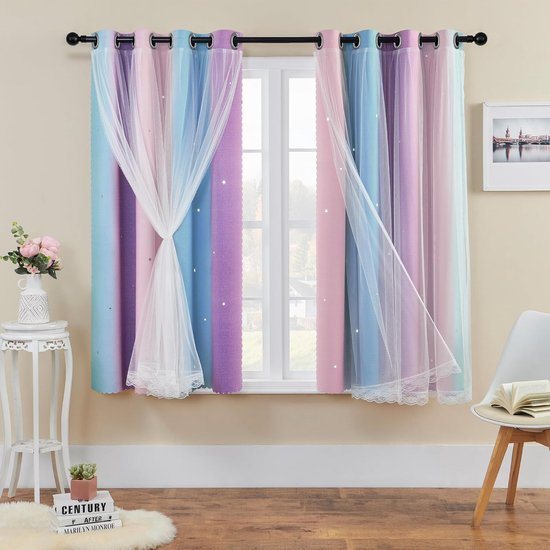 SnelShoppen - Decoratieve Rainbow Gordijnen voor Kinderen, 63 x 52 Inch, Thermisch Geïsoleerde Sterrenmotief, Blauwe Mesh Gordijnen met Ringen voor Sl