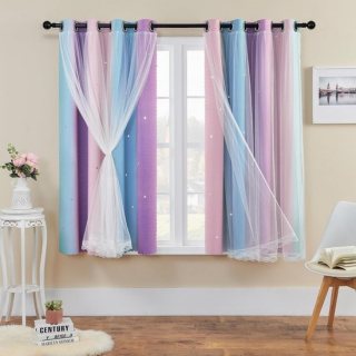 SnelShoppen - Decoratieve Rainbow Gordijnen voor Kinderen, 63 x 52 Inch, Thermisch Geïsoleerde Sterrenmotief, Blauwe Mesh Gordijnen met Ringen voor Sl