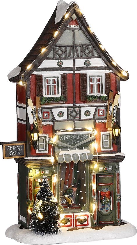 LuVille Kerstdorp Miniatuur Wintersportwinkel - L18 x B8 x H28 cm