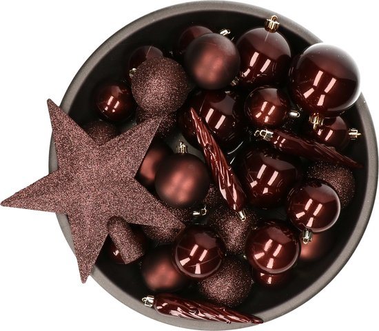 Decoris kerstballen set - 34-dlg - mahonie bruin - incl. piek - kunststof - kerstversiering
