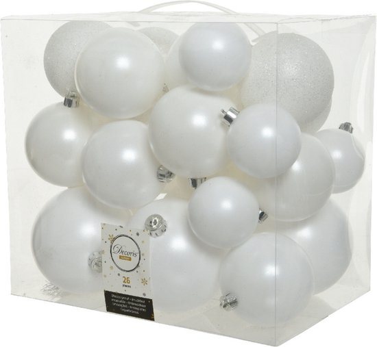 Decoris Kerstballen - 26x st - wit - 6-8-10 cm - kunststof - kerstversiering