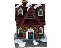 Kersthuisjes/kerstdorp huisje - rood dak - Polystone - 14 cm - met verlichting - kerstversiering