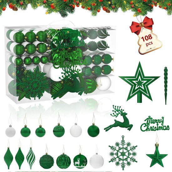 108 stuks kleine kerstballen, kunststof kerstboomversieringen met hangers, kerstversiering, ballen, kerstversieringen, decoratieve kerstboomversieringen, groen