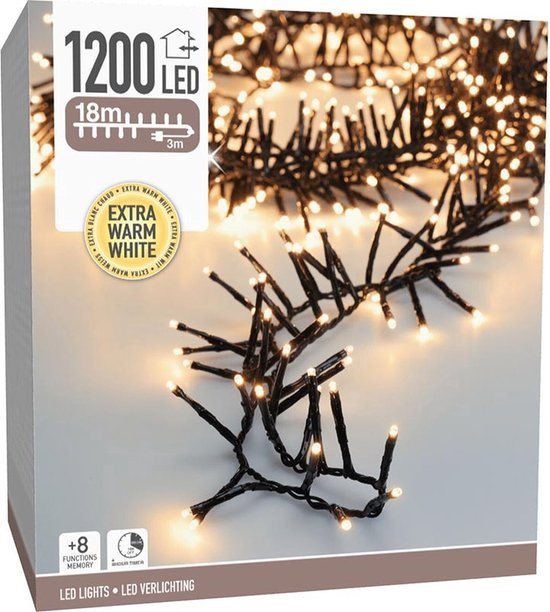 Maxi Cluster Kerstverlichting - 1200 led - 18m - extra warm wit - Timer - Lichtfuncties- Buiten-Binnen